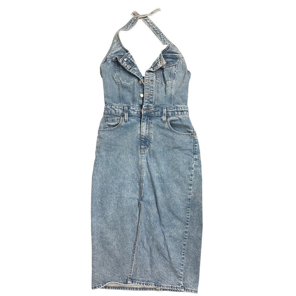 Universal Thread Denim Halter Dress Blue Midi Button Front Size 2